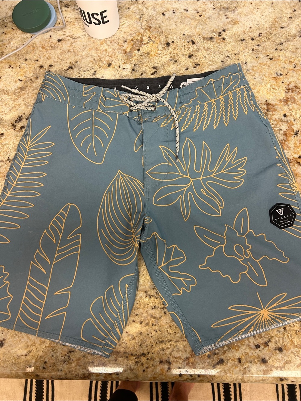 VISSLA Teal Swim Board Shorts with Yellow Line Floral Print
